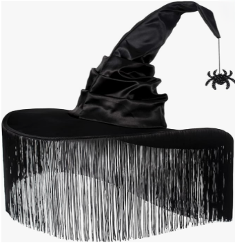 Black witch hat with fringes and a spider decoration on a white background