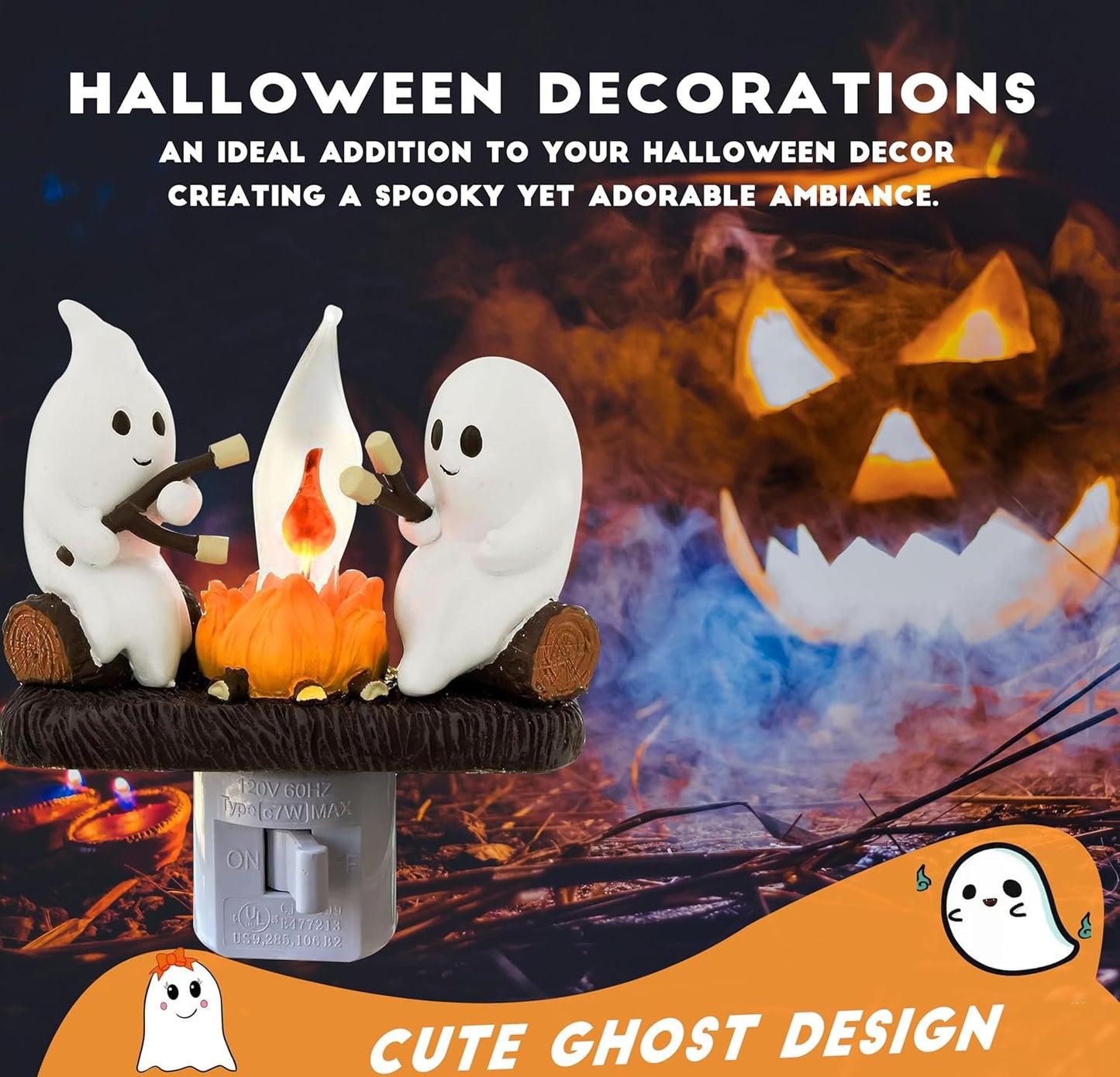 Haunted Ghost Roasting Marshmallows Flickering Spooky Night Light Plug-In – Halloween Wall Décor