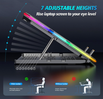 Laptop stand with RGB lighting and adjustable height features on a dark background