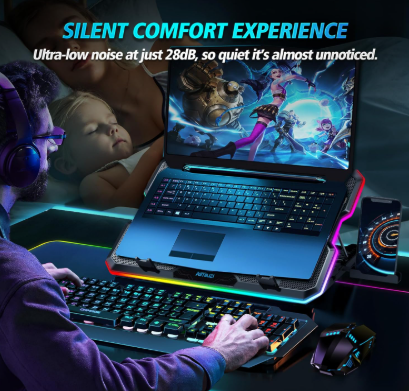 Person using a laptop with a gaming screen, surrounded by gaming accessories, with text about ultra-low noise.