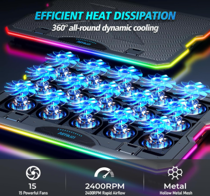 Gaming laptop cooling pad with fans and cooling system, featuring text on heat dissipation and cooling.