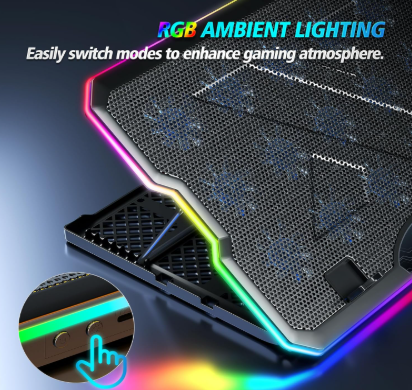 Gaming laptop cooling pad with RGB ambient lighting on a dark background