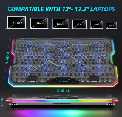 Laptop cooling pad with RGB lighting and compatibility range for laptops.
