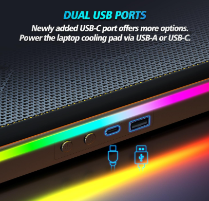 Laptop cooling pad with dual USB ports and colorful LED lighting.