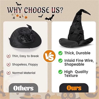 Comparison of two witch hats with text highlighting features and benefits.