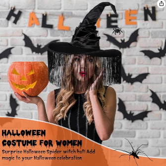 Woman in a witch costume with a pumpkin against a Halloween-themed background