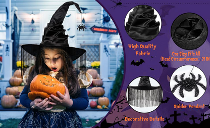 Child in Halloween costume holding a pumpkin with decorative elements on a purple background
