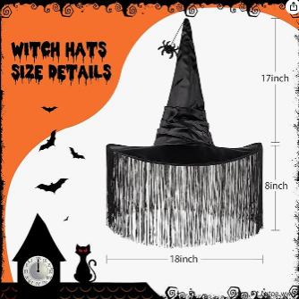 Halloween witch hat with size details on an orange and white background