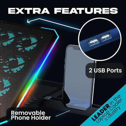 Cooling fan with phone holder and ambient lights.